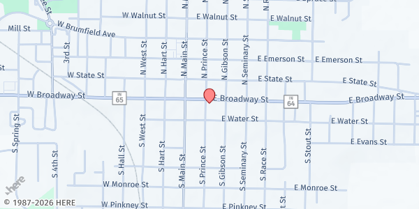Map showing Broadway Christian Church at 201 E. Broadway St., Princeton, IN