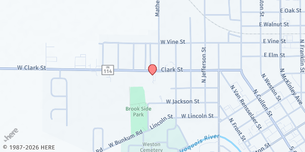 Map showing The Bridge Food Pantry at 615 W Clark St., Rensselaer, IN