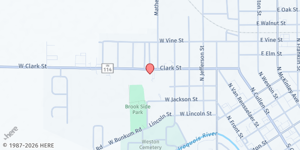 Map showing The Bridge Food Pantry at 615 W. Clark St., Rensselaer, IN