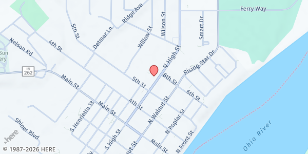 Map showing Rising Sun Church of Christ - Christian Outreach Center at 315 N. High St., Rising Sun, IN