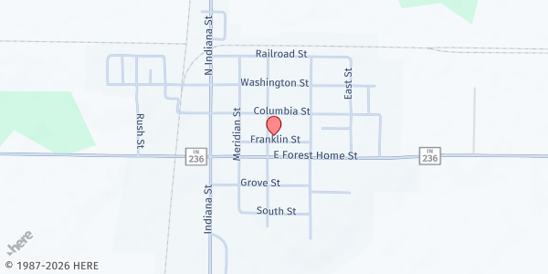 Map showing Roachdale Christian Church at 202 E Franklin St, Roachdale, IN