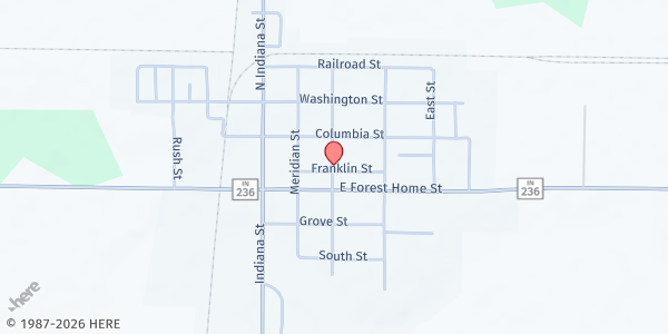 Map showing Roachdale Christian Church - Prime Timers Food Pantry at 202 Franklin St., Roachdale, IN