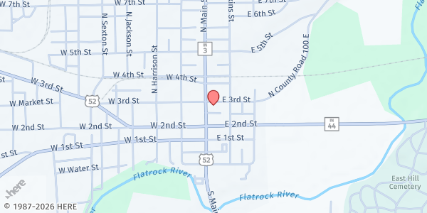Map showing Rush County Community Assistance Food Pantry at 109 E. 3rd St., Rushville, IN