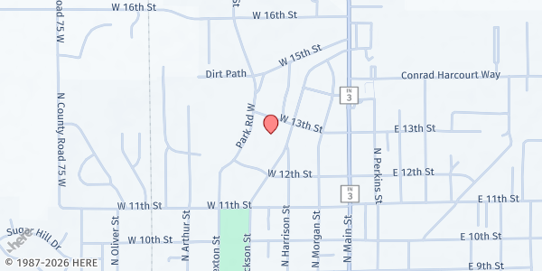 Map showing Rushville Consolidated High School: Lions Shack at 1201 Lions Path, Rushville, IN