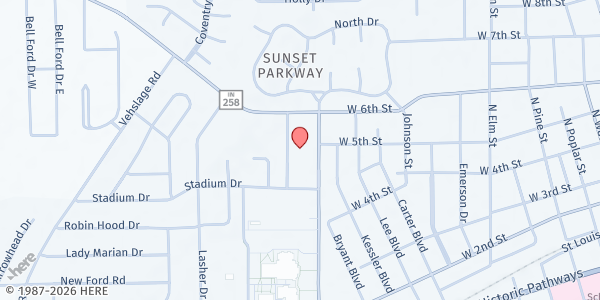 Map showing Matthew 25 Street Ministries dba The Alley at 505 Community Dr, Seymour, IN