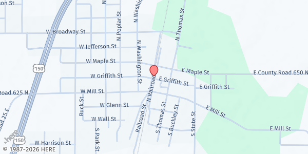 Map showing Shelburn Community Center at 32 Interurban St, Shelburn, IN