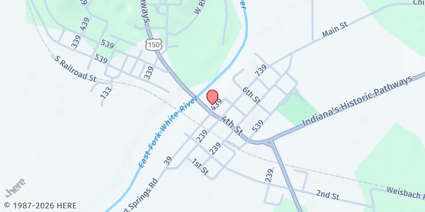 Map showing The Cornerstone Community Church at 401 Water St., Shoals, IN