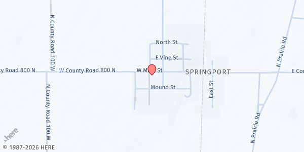 Map showing Springport Christian Church at 509 W. Main St., Springport, IN