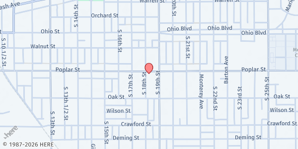 Map showing Catholic Charities Terre Haute - Foodbank at 430 N. 14th 1/2 St., Terre Haute, IN