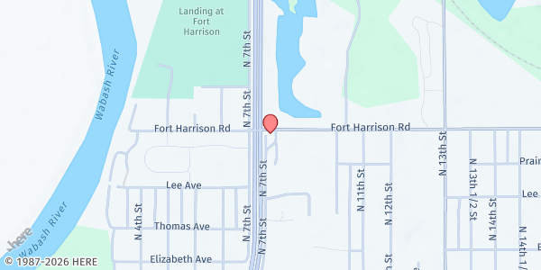 Map showing First Church of the Nazarene at 801 Ft. Harrison Rd, Terre Haute, IN