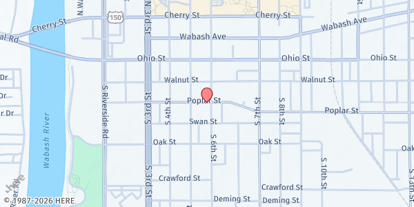 Map showing Sacred Heart Church at 575 Poplar St, Terre Haute, IN