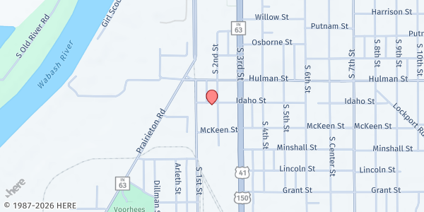 Map showing The King's Harvest Foursquare Church at 1801 Harding Ave., Terre Haute, IN