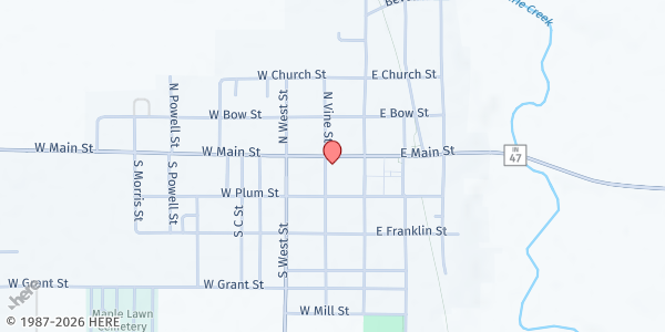 Map showing Christian Church - Thorntown at 125 W Main St, Thorntown, IN
