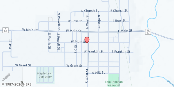 Map showing Gap Community Church at 202 S West St, Thorntown, IN