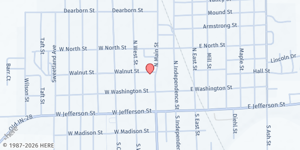 Map showing Kemp UMC at 228 N. Main St., Tipton, IN