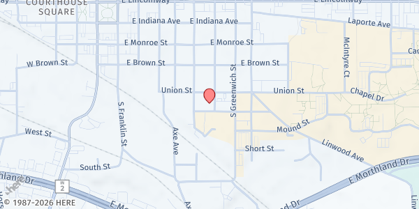 Map showing Hilltop Neighborhood House Food Pantry at 606 Union St, Valparaiso, IN