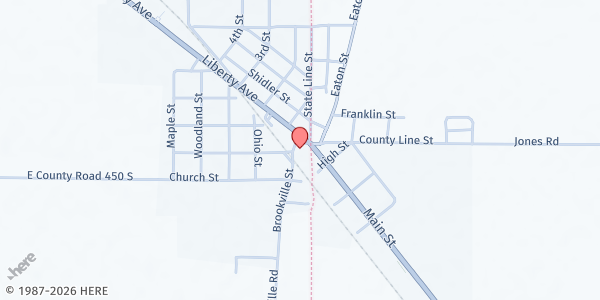 Map showing The Junction College Corner Food Pantry at 33 Junction St., West College Corner, IN