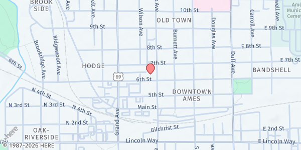 Map showing Food at First - Ames at 611 Clark St, Ames, IA