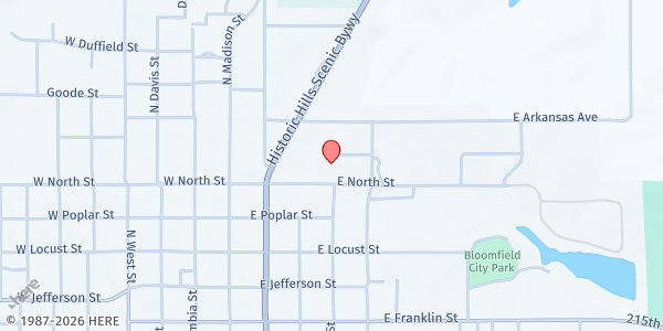 Map showing Bloomfield UMC at 401 E. North St., Bloomfield, IA