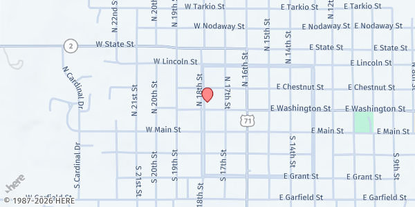 Map showing First United Methodist Church - Faith Food & Fellowship - Food Distribution Center at 223 W Washington St, Clarinda, IA