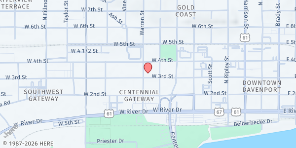 Map showing King's Harvest Meal Site at 824 W 3rd St, Davenport, IA