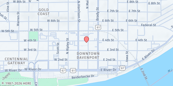 Map showing McAnthony Window Food Pantry at 417 N Main St, Davenport, IA