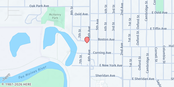 Map showing Knock and Drop Iowa Food Pantry (DMARC) at 3010 6th Ave., Des Moines, IA