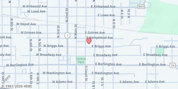 Map showing Fairfield FUMC at 201 N. Court St., Fairfield, IA