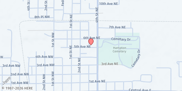 Map showing Franklin County Community Food Pantry at 302 5th Ave NE, Hampton, IA