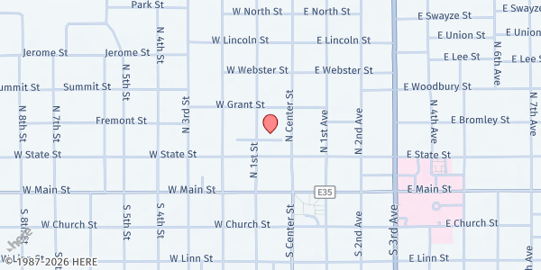 Map showing Emergency Food Box at 107 North 1st St, Marshalltown, IA