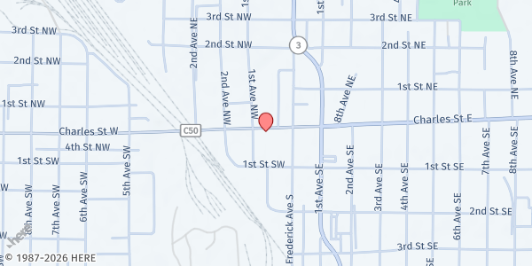 Map showing Plentiful Pantry at 26 W. Charles St., Oelwein, IA
