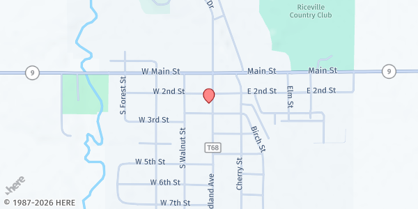 Map showing Riceville Food Pantry at 205 Woodland Ave., Riceville, IA