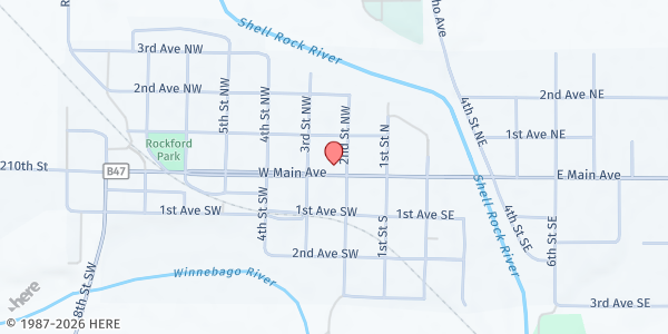 Map showing Rockford Senior Nutrition Program at 206 W. Main Ave., Rockford, IA