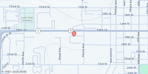 Map showing UDMO - Dickinson County Food Pantry at 1575 18th St, Spirit Lake, IA