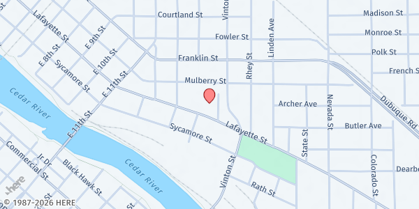Map showing Cedar Valley Food Pantry at 1605 Lafayette St, Waterloo, IA