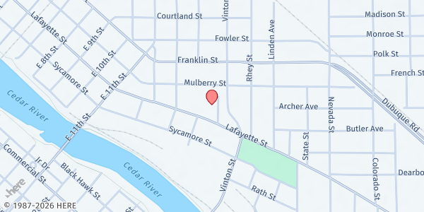 Map showing Northeast Iowa Food Bank at 261 Vinton St, Waterloo, IA