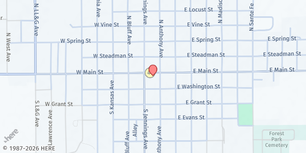 Map showing Obadiah's Pantry/Anthony Food Bank at 120 E Main St, Anthony, KS