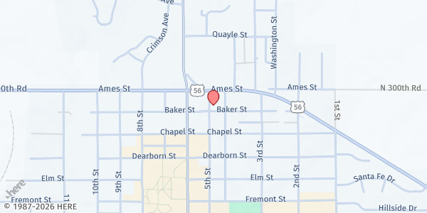 Map showing New Life Assembly of God at 118 5th Street, Baldwin City, KS