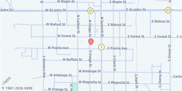 Map showing Girard Public Library at 128 W Prairie Ave., Cherokee, KS