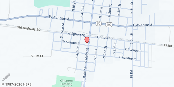 Map showing Gray County Food Bank - First Baptist Church at 221 S Main St, Cimarron, KS