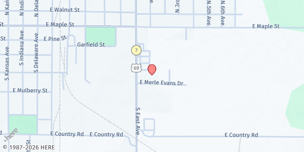 Map showing Columbus Christian Center at 1001 Merle Evans Dr, Columbus, KS