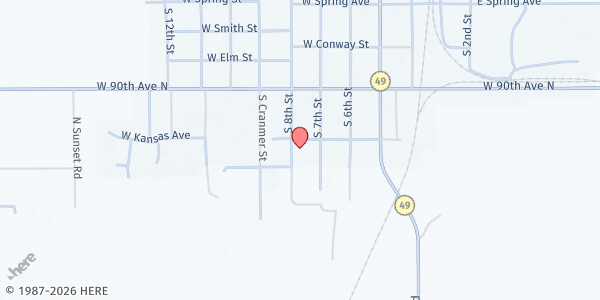 Map showing Mission Mart at 411 S. 8th St., Conway Springs, KS