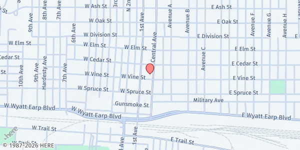 Map showing First Presbyterian Church of Dodge City at 803 Central Ave, Dodge City, KS