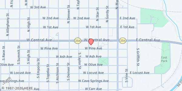 Map showing El Dorado First Baptist Church Food Pantry at 300 W Central Ave, El Dorado, KS