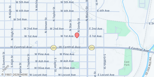 Map showing Salvation Army - El Dorado at 207 W 1st Ave, El Dorado, KS