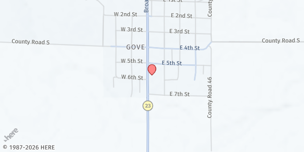 Map showing Gove Community Bible Church at 517 Broad St, Gove City, KS