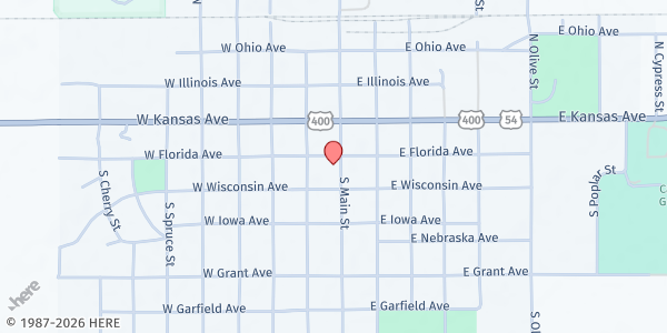 Map showing Kiowa County Food Bank/Senior Center at 207 S Main St A, Greensburg, KS