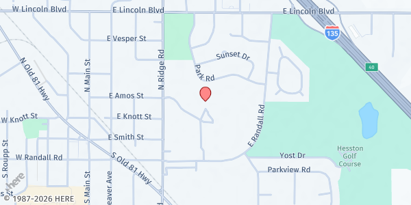 Map showing Harvest Church at 200 N Ridge Rd, Hesston, KS