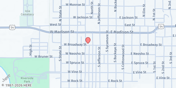 Map showing Allen Co. Community Food Pantry at 16 W. Broadway, Iola, KS