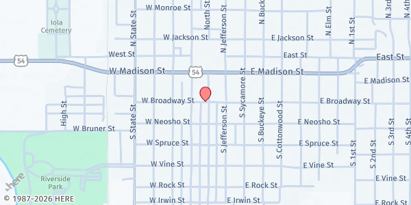 Map showing Allen Co. Community Food Pantry at 16 W. Broadway, Iola, KS